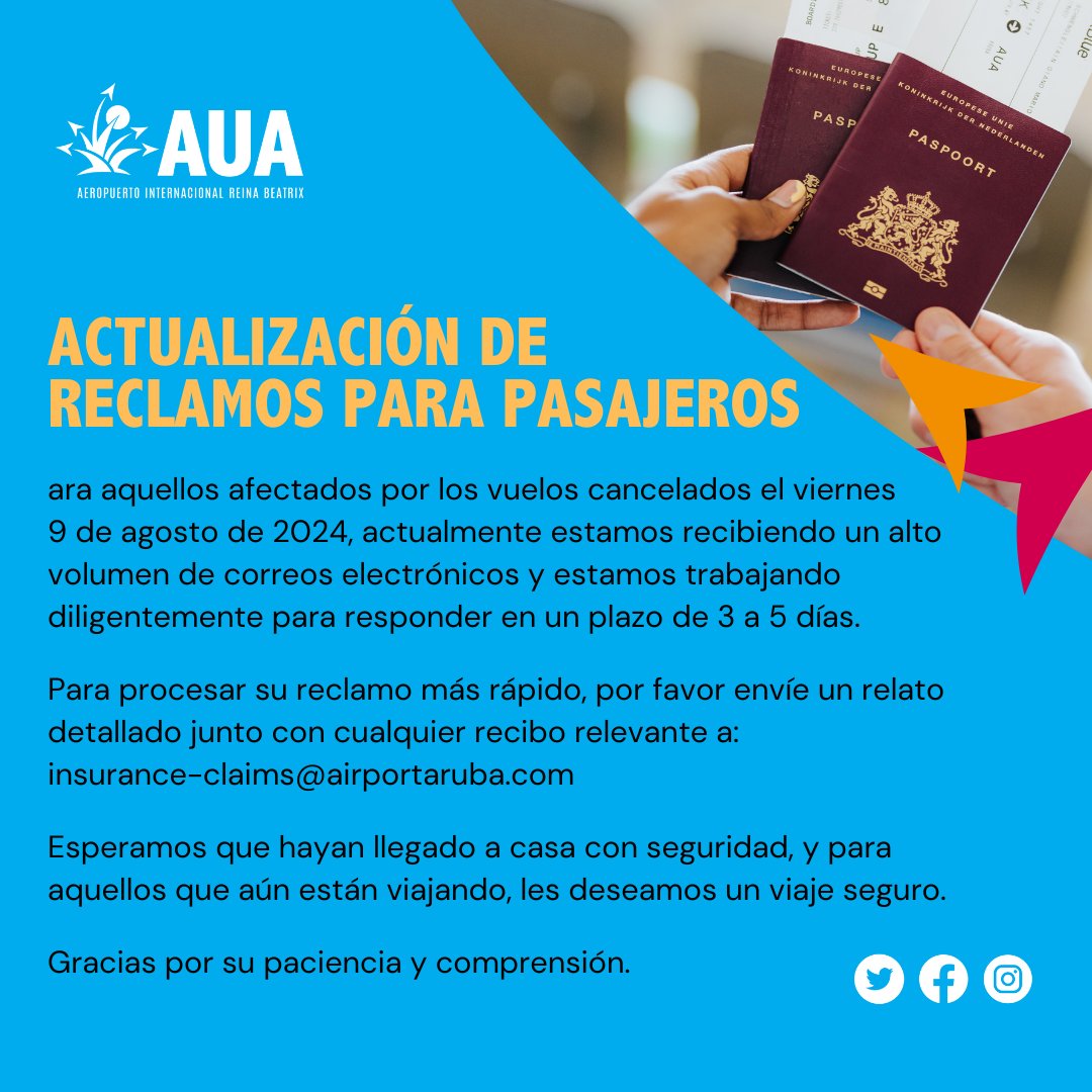 CLAIMS UPDATE 

For those affected by the August 9th cancellations, we're working diligently to respond within 3-5 days. Send your claim details and receipts to:
insurance-claims@airportaruba.com.

Safe travels, and thank you for your patience.

#TravelUpdate #AUA #ArubaAirport
