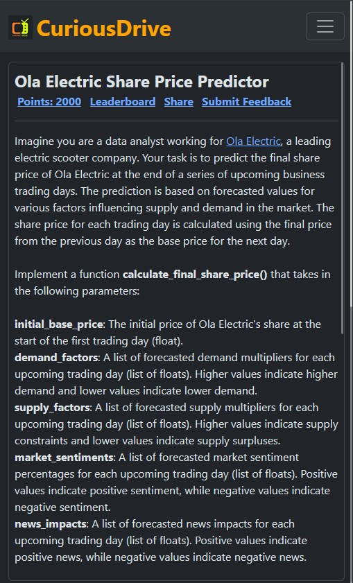 curious_drive's tweet photo. Predict Ola Electric's future share prices by calculating the impact of demand, supply, market sentiment, and news. A perfect challenge for data analysts!

https://t.co/NNAMFrjuD3

@OlaElectric #OlaElectric #sharemarketindia #programmer #Coding #challange https://t.co/WWskyK9JbT