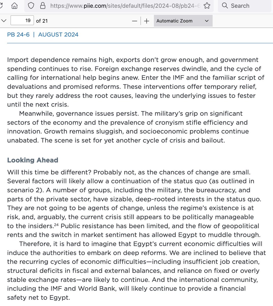خلينا نشوف خلاصة تقرير معهد #بيترسون للاقتصاد الدولي عن الوضع الإقتصادي لمصر. التقرير دسم جدا ويستعرض أزمات مصر من سنة ٥٢. أنصح بقرائته كاملا، التالي هو ترجمة الخلاصة كما هي.
--------
◼️ هل ستكون هذه المرة مختلفة؟
مراراً وتكراراً، ساهم سعي مصر لتحقيق أسعار صرف ثابتة أو مستقرة