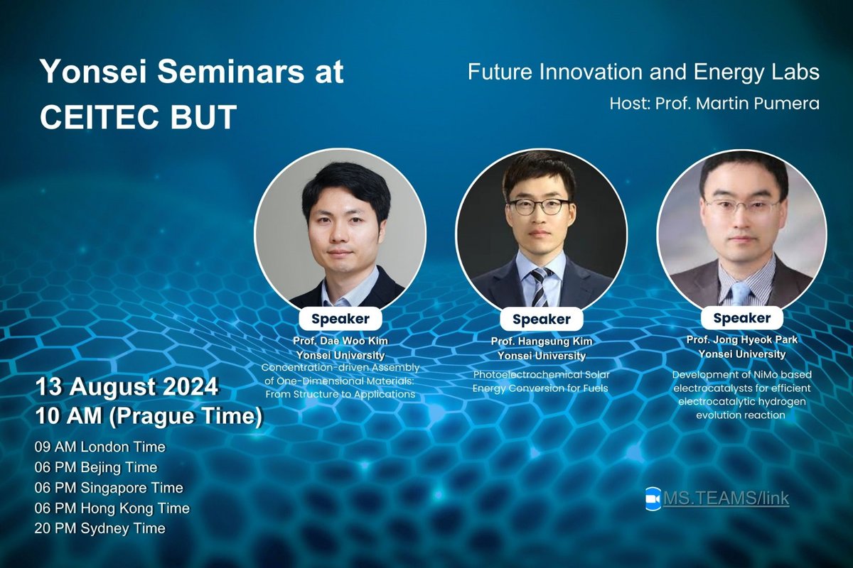 Pumera Research Group (@pumeragroup) on Twitter photo I am happy to announce that we <a href="/FutureEnergyLab/">Future Energy & Innovation Lab</a> host a Seminar from established colleagues from top Korean University - <a href="/yonsei_u/">Yonsei University</a> on various energy-related topics. Please join us at <a href="/CEITEC_Brno/">CEITEC</a> @VUTvBrne tomorrow. I am happy to announce that we <a href="/FutureEnergyLab/">Future Energy & Innovation Lab</a> host a Seminar from established colleagues from top Korean University - <a href="/yonsei_u/">Yonsei University</a> on various energy-related topics. Please join us at <a href="/CEITEC_Brno/">CEITEC</a> @VUTvBrne tomorrow.