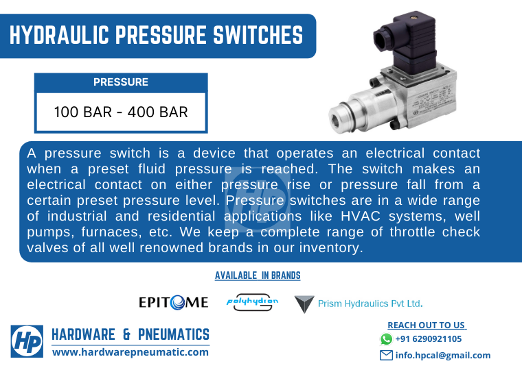 PneumaticsIndia's tweet photo. Product Offering:

Category: Hydraulics

Product: Hydraulic Pressure Switches

Pressure: 100bar upto 400bar

Available in Polyhydron, Epitome and Prism brands

#Hydraulics #pressureswitch #pressure #polyhydron #epitome #prism https://t.co/zGkrNRW0sC