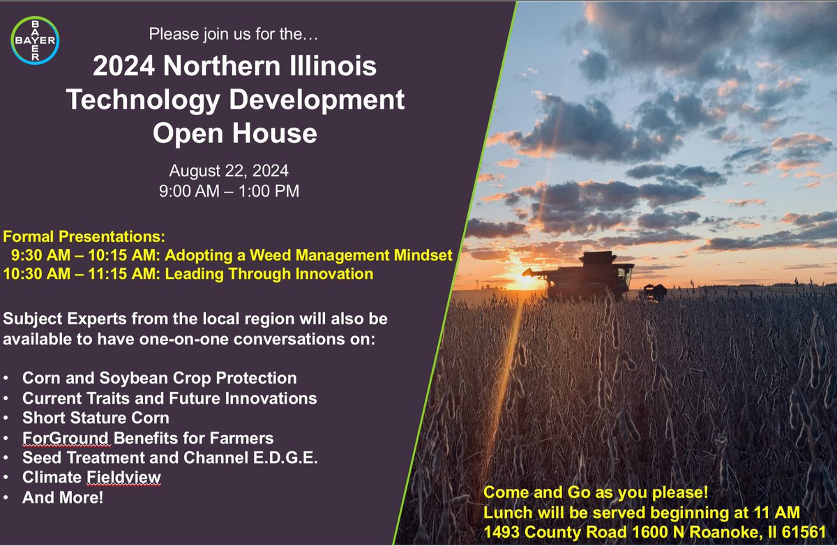 Come join us on August 22nd for an open house <a href="/Bayer4CropsUS/">Bayer U.S. 🇺🇸 | Crop Science</a> Tech Development site in Roanoke, IL. Learn from Bayer experts on agronomics, crop protection, and much more!  I would be glad to walk through <a href="/ChannelSeed/">Channel Seed</a> plots with anyone. Can’t wait to see everyone there!