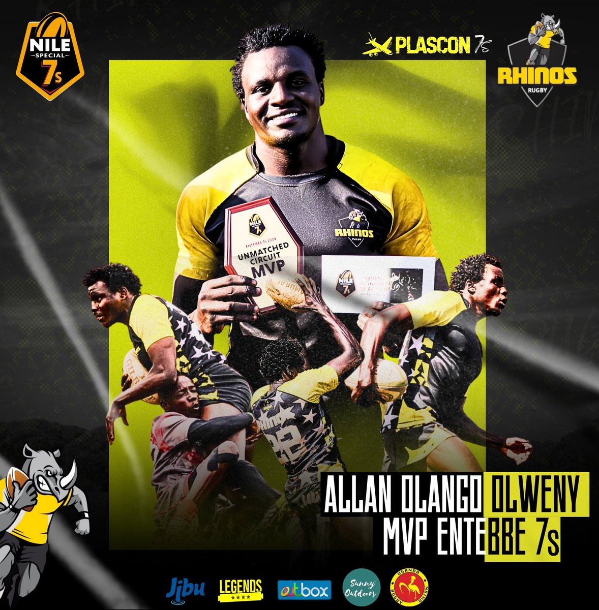 Today’s Monday appreciation goes to the #Entebbe7s tournament MVP.

Allan Olango Olweny  <a href="/AHorllando/">Allan Horllando</a> 

Apwoyoo matek🖤💛🦏

#RaiseYourGame 
#NileSpecialRugby
#ShirtlessGang
#FeartheHorn