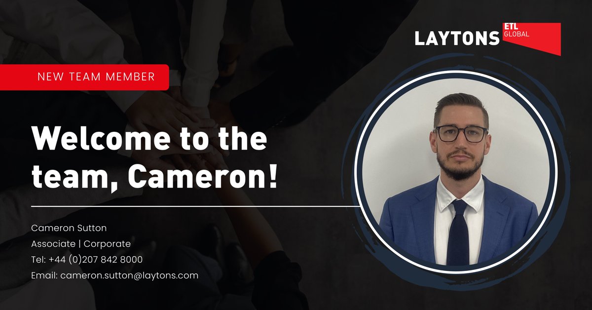 A warm welcome Cameron Sutton to Laytons ETL! 🌟 

With expertise in equity capital markets, including AIM and Aquis flotations, fundraisings, and acquisitions, Cameron is dual qualified in England &amp; Wales and Western Australia. 

Excited to have you on board, Cameron!🙌