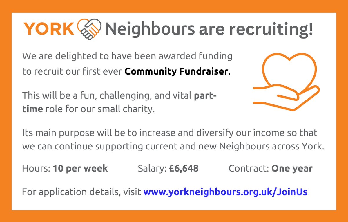 Exciting news - we are hiring! 🧐📝

Any good at fundraising? 🌳 
Enjoy mixing it up with community groups and businesses? ⭐️
Passionate about helping older people across our city? 🧡

Then we’d love to hear from you...👇
yorkneighbours.org.uk/JoinUs