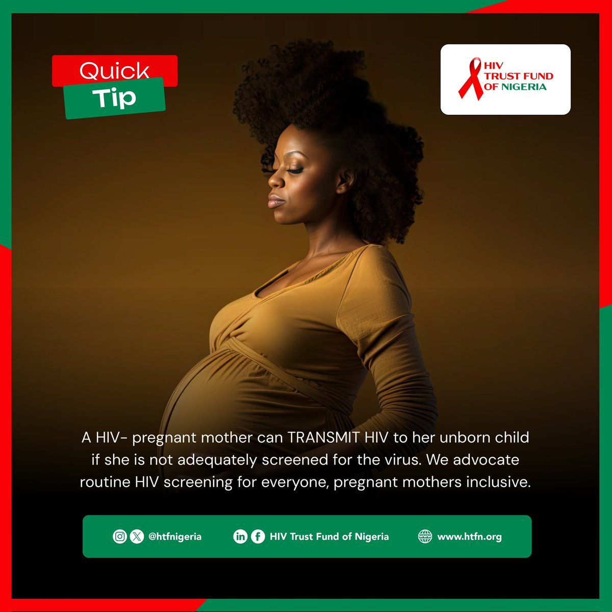 htfnigeria's tweet photo. One of the fastest ways newborn babies can contract HIV is through their mothers during pregnancy. This is why routine HIV screening for everyone, especially pregnant mothers, is crucial!

Early detection saves lives.

#HTFN #HIVTrustFundofNigeria #maternalhealth #knowyourstatus https://t.co/EHbEp4IXPG