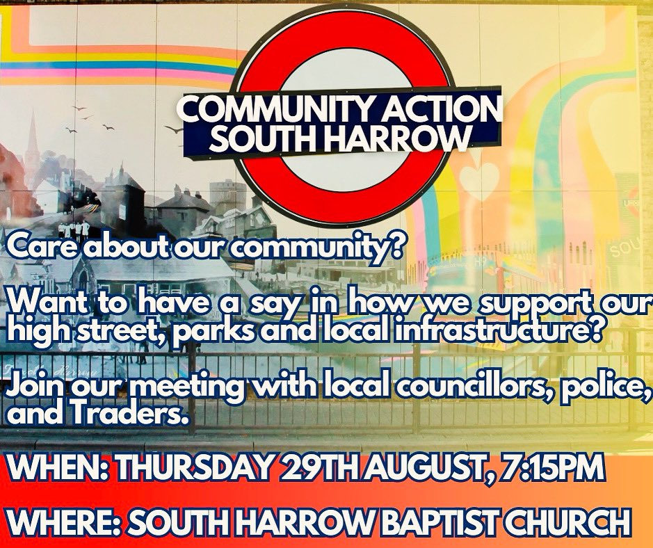 🚨 Do you care about our community &amp; efforts to improve it? 🚨

Please join us on Thursday 29/08, 7:15PM at South Harrow Baptist Church 🌳🌷🚮🦜🚴‍♀️

We are reviving CASH (Community Action South Harrow) as a group of councillors, police, residents, traders, park groups. (1/3)