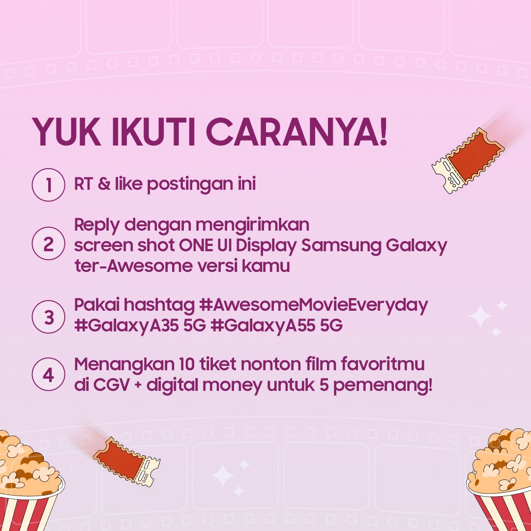 samsungID's tweet photo. Punya #GalaxyA55 5G &amp; #GalaxyA35 5G?

Yuk ikutan kuis #AwesomeMovieEveryday ! 🥳

RT, like &amp; reply sebanyak banyaknya ya!

Menangkan 10 tiket nonton film favoritmu di CGV + digital money untuk 5 orang pemenang!🍿🎥

Ditunggu sampai 20 Agustus 2024! https://t.co/YpNMnApEe9