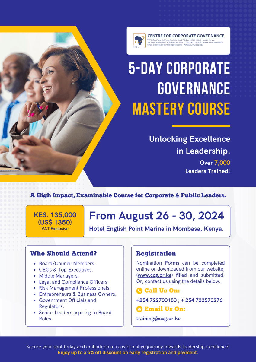 CCG_KENYA's tweet photo. 'Vision, strategy, execution, and evaluation: four steps to organizational success'.

Have you registered for this upcoming  leadership training?

#leadershiptraining 
#corporategovernance https://t.co/sXNrNU4vSg