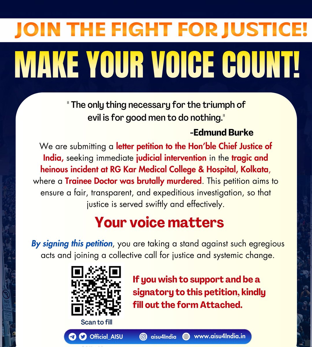 Fill the Petition Form and Stand With Us To Demand Justice.
#RGKarMedicalCollegeHospital #justice <a href="/Xpress_edex/">Edex - The New Indian Express</a> <a href="/aajtak/">AajTak</a> <a href="/Official_AISU/">All India Student's Union ( AISU )</a> <a href="/PMOIndia/">PMO India</a> <a href="/India_NHRC/">NHRC India</a> <a href="/ABVPVoice/">ABVP</a> <a href="/indiatvnews/">India TV</a>