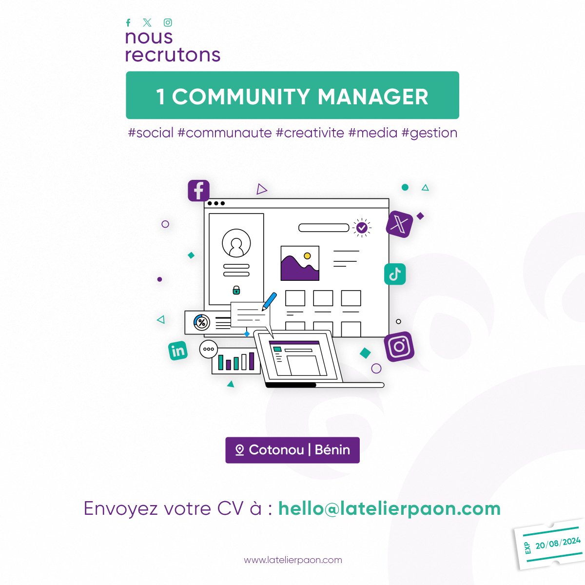 Modération,
Création de contenus,
Calendrier éditorial,
Ces termes n'ont aucun secret pour toi ?
Tu es peut-être le Community Manager dont nous avons besoin 💜

Envoie ton CV et ta lettre de motivation à hello@latelierpaon.com

#JobAlert #CreativeAgency #atelierpaon #CM