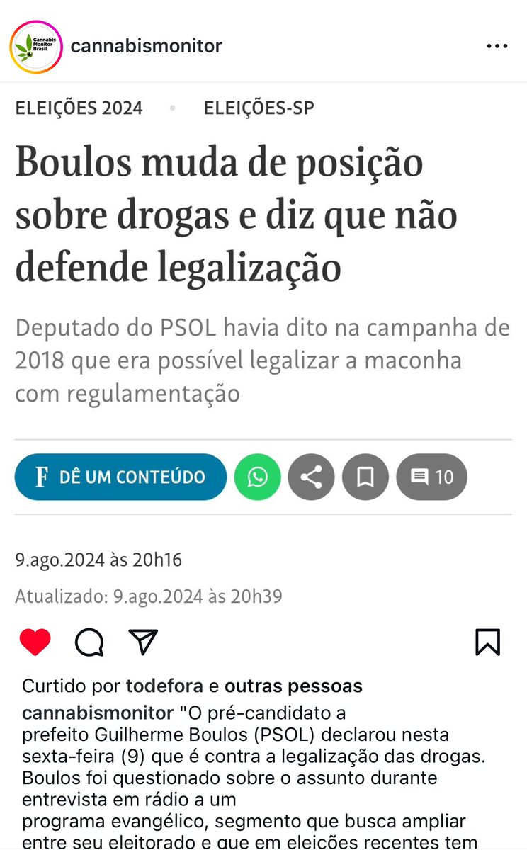 Boulous “freixou”?
Enquanto a (ultra)direita tem convicções, a esquerda patina querendo votos de quem nunca vai votar nela. O <a href="/psol50/">PSOL 50</a> se coloca historicamente contra o proibicionismo. Vacilar não traz votos, mas produz “vacilões”.

<a href="/GuilhermeBoulos/">Guilherme Boulos 50</a> <a href="/RENFABR/">Rede Nacional de Feministas Antiproibicionistas</a>