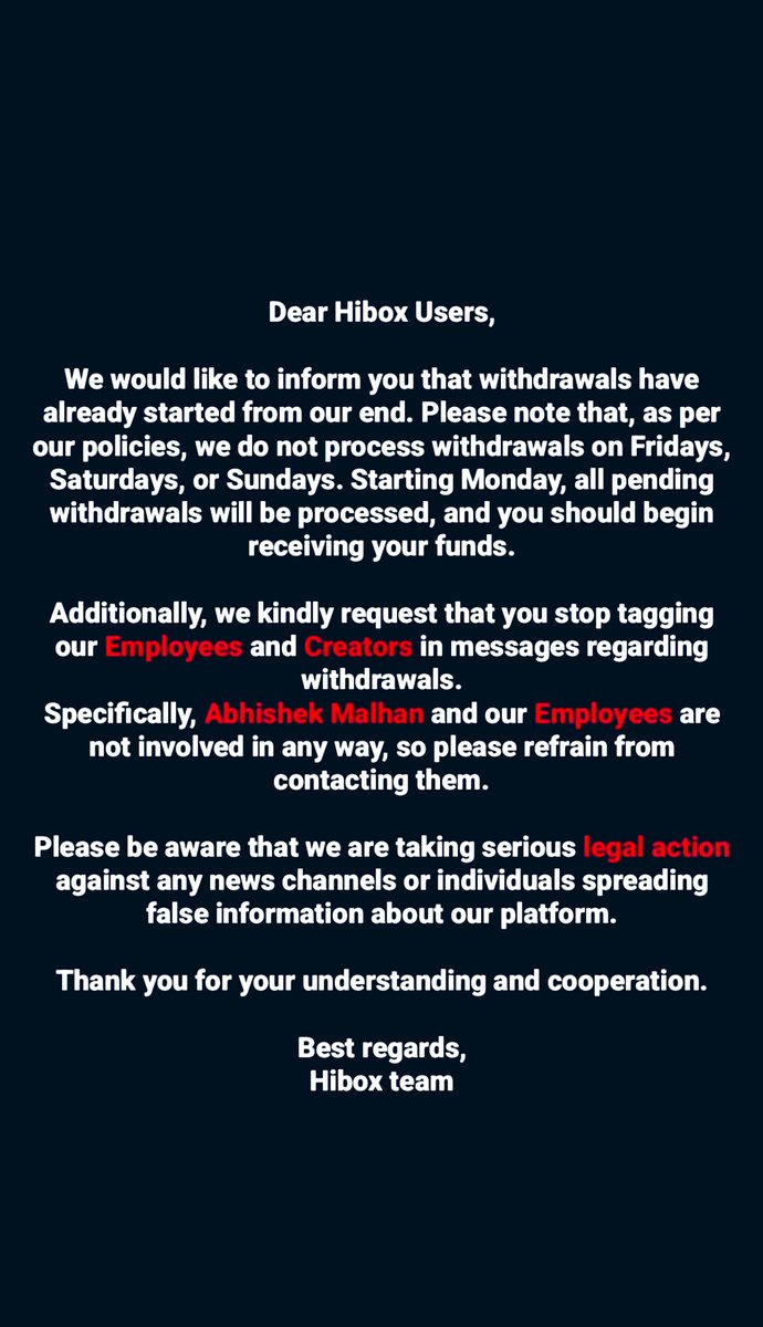 ByteBlaze003's tweet photo. Hibox app is not returning money to users since last 12-13 days, the story given below was posted on Instagram, no update has come after that. Some people have taken loan and put money in this app, what happened to them.
#hibox
#hiboxscam 
@Uppolice 
@noidapolice please action https://t.co/d38v9txu0e