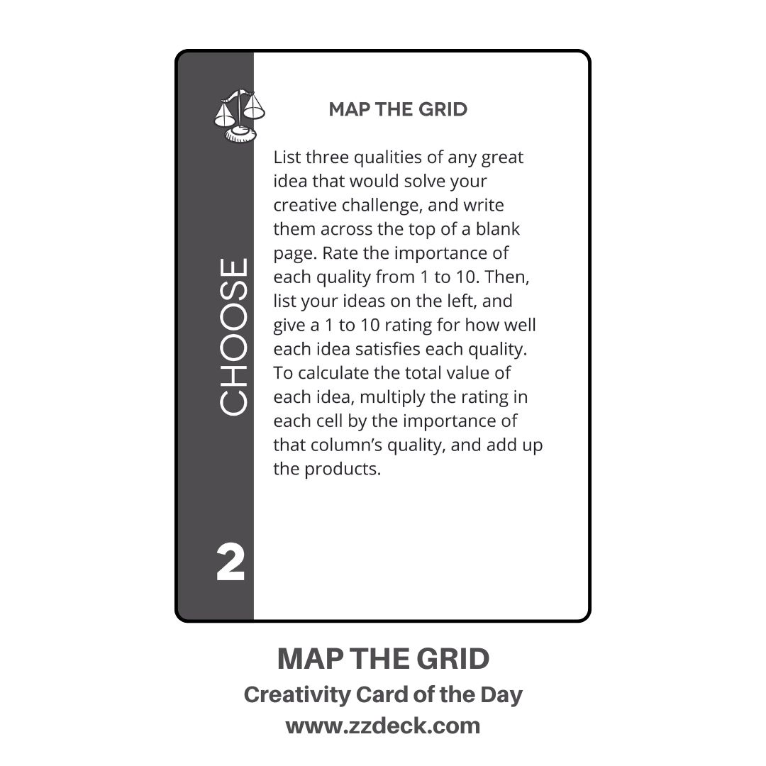 DrKeithSawyer's tweet photo. Creativity card of the day: MAP THE GRID: List three qualities of a great idea that would solve your creative challenge https://t.co/XyBu5lhPrd #creativity #innovation #zigzag #zzdeck #keithsawyer #invention #choosing #ideas https://t.co/BCSu0OIqxa