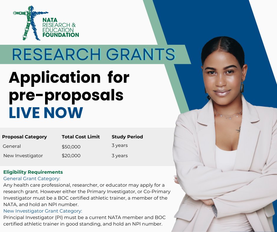 🚨 Attention Researchers! 🚨
🚨 Our online application for pre-proposals is OPEN! 🚨

Submit your pre-proposal for NATA Foundation's Professional Research Grants—General &amp; New Investigator categories.

🗓️ Deadline: Sept. 1

Apply now: natafoundation.org/research/grant…