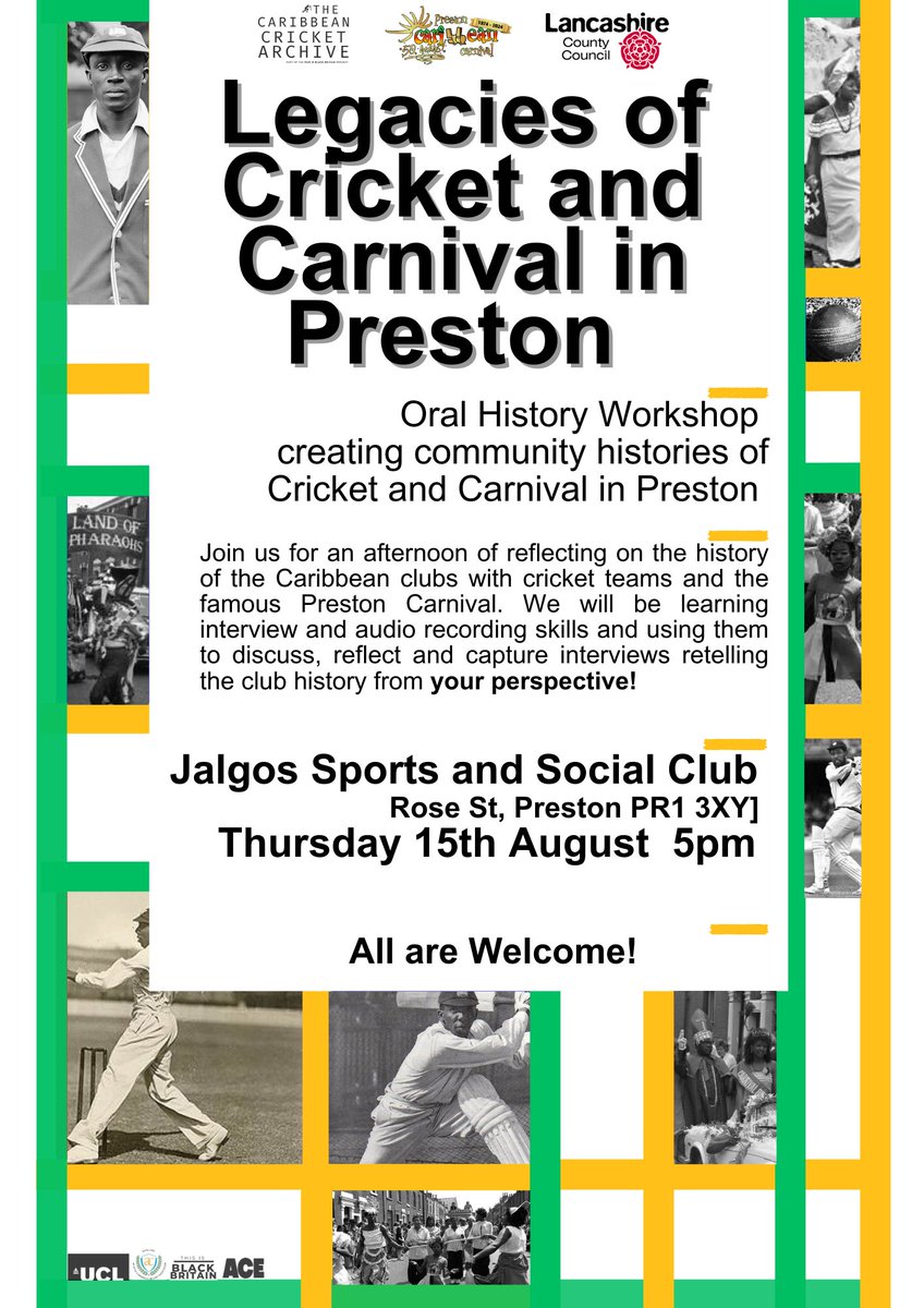 ti_blackbritain's tweet photo. This Thursday!  Join us from 5pm at Jalgos Sports and Social Club for our free Oral History Workshop with the Caribbean Cricket Archive, Preston Carnival and the Lancashire Archives. 
@WindrushCricket 
@LancsArchives 
@CarnivalPreston 
#Caribbean #Preston https://t.co/XFBSIq6YJW