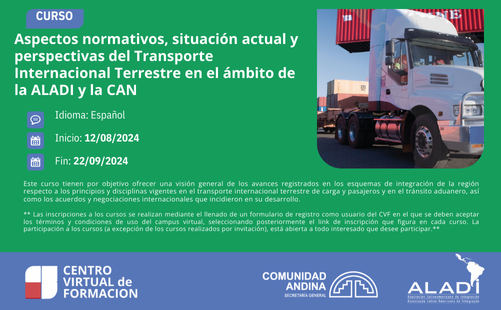 📢#HOY Inicia el curso "Aspectos normativos, situación actual y perspectivas del Transporte Internacional Terrestre en el ámbito de la ALADI y la CAN" 
✍️Regístrate aquí: campus.aladi-cvf.org/enrol/index.ph…  #transporte #comercioexterior #CAN #ALADI