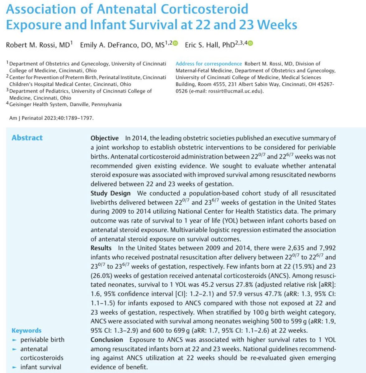 Association of Antenatal Corticosteroid Exposure and Infant Survival at 22 and 23 Weeks ow.ly/U30850SVJMx