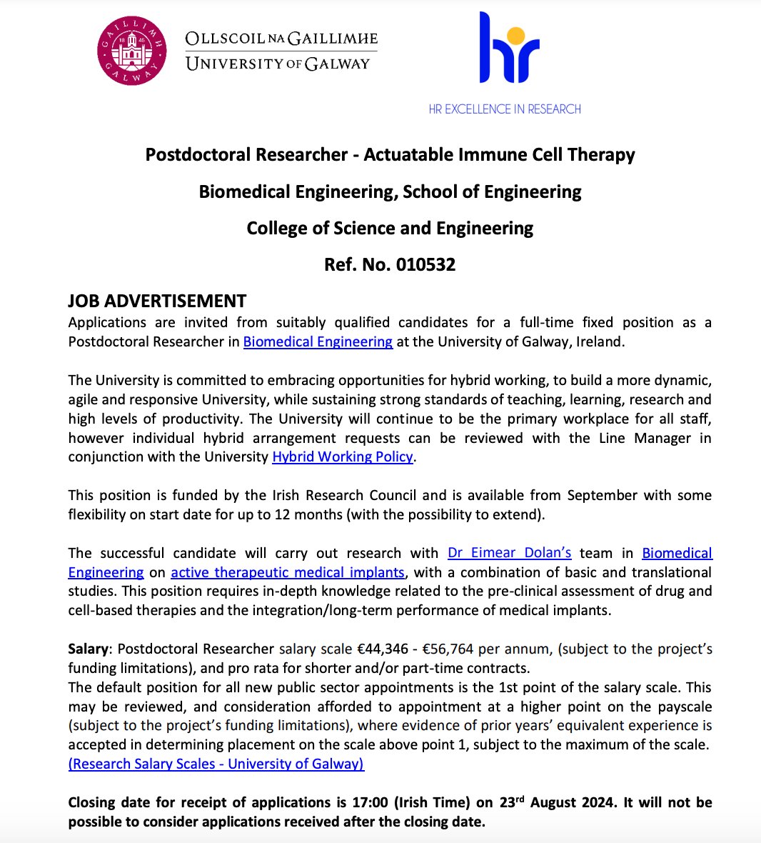 Eimear Dolan (@eimearbdolan) on Twitter photo Still time to apply for a postdoc position in our group - deadline 23rd August. This position will involve the development of an active medical implant to deliver #immunotherapy for #ovariancancer. Come join us <a href="/Bio_Eng_NUIG/">Biomedical Engineering University of Galway</a> <a href="/uniofgalway/">Ollscoil na Gaillimhe | University of Galway</a>!! <a href="/IrishResearch/">We are now Research Ireland</a>
nature.com/naturecareers/… Still time to apply for a postdoc position in our group - deadline 23rd August. This position will involve the development of an active medical implant to deliver #immunotherapy for #ovariancancer. Come join us <a href="/Bio_Eng_NUIG/">Biomedical Engineering University of Galway</a> <a href="/uniofgalway/">Ollscoil na Gaillimhe | University of Galway</a>!! <a href="/IrishResearch/">We are now Research Ireland</a>
nature.com/naturecareers/…