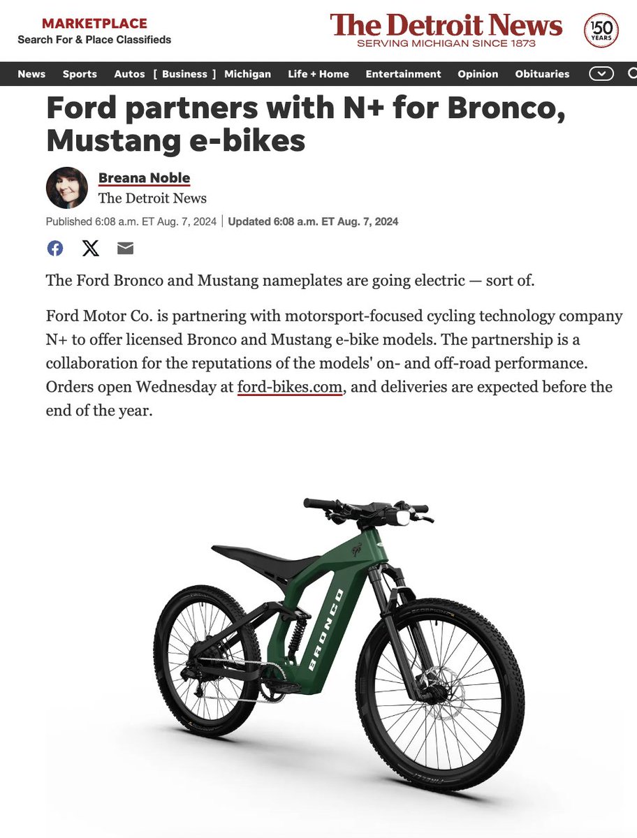 Ford is dabbling with e-bikes. 

The company is working with N+ to produce "Bronco" and "Mustang" e-bike models.

detroitnews.com/story/business…