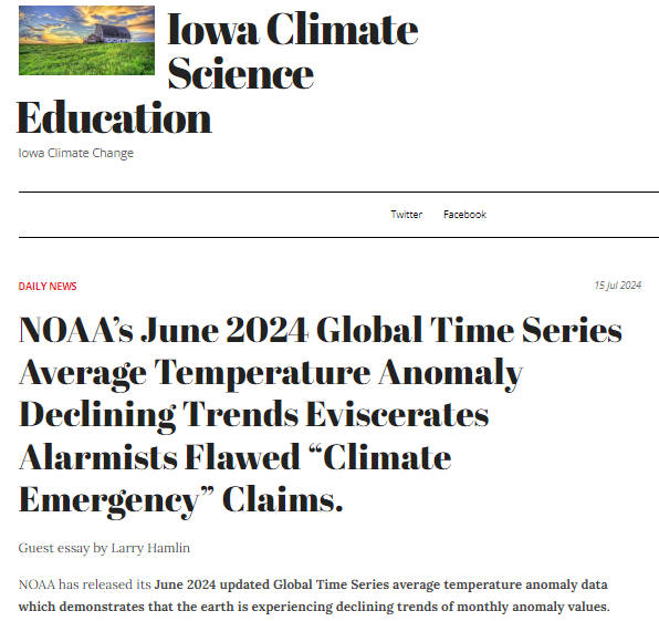 ChrisJ_01's tweet photo. 📉 NOAA’s June 2024 data reveals a decline in global temperature anomalies, challenging the alarmist 'climate emergency' claims. 🌍 The data shows a weakening trend in the recent El Niño event. Guest essay by Larry Hamlin highlights this critical update. #ClimateScam https://t.co/y3iRQwbn48