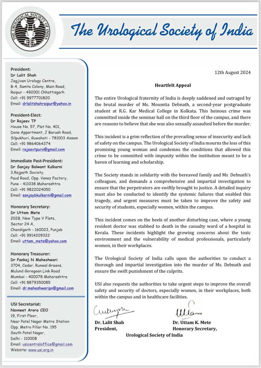Rajesh Kukreja (@kukreja_urocare) on Twitter photo Condemnation of the Heinous Rape and Murder of a Lady Doctor at R.G. Kar Medical College and Demand for Swift Justice
<a href="/IMAIndiaOrg/">Indian Medical Association</a> <a href="/CSJ_India/">Centre for Social Justice</a> <a href="/usioffice/">Urological Society of India 🇮🇳</a>
<a href="/MoHFW_INDIA/">Ministry of Health</a> Condemnation of the Heinous Rape and Murder of a Lady Doctor at R.G. Kar Medical College and Demand for Swift Justice
<a href="/IMAIndiaOrg/">Indian Medical Association</a> <a href="/CSJ_India/">Centre for Social Justice</a> <a href="/usioffice/">Urological Society of India 🇮🇳</a>
<a href="/MoHFW_INDIA/">Ministry of Health</a>