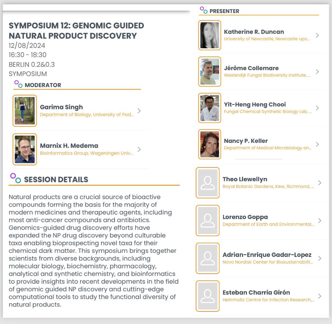 Garima Singh (@garimasingh_gs) on Twitter photo Join us at our symposium today at #IMC12 for insightful talks by fellow #mycologists, #chemoinformaticians, and #naturalproductresearchers mentioned below!
<a href="/IMC12NL/">12th International Mycological Congress (IMC12)</a>
#naturalproducts
#secondarymetabolites
#genomics
#fungi Join us at our symposium today at #IMC12 for insightful talks by fellow #mycologists, #chemoinformaticians, and #naturalproductresearchers mentioned below!
<a href="/IMC12NL/">12th International Mycological Congress (IMC12)</a>
#naturalproducts
#secondarymetabolites
#genomics
#fungi