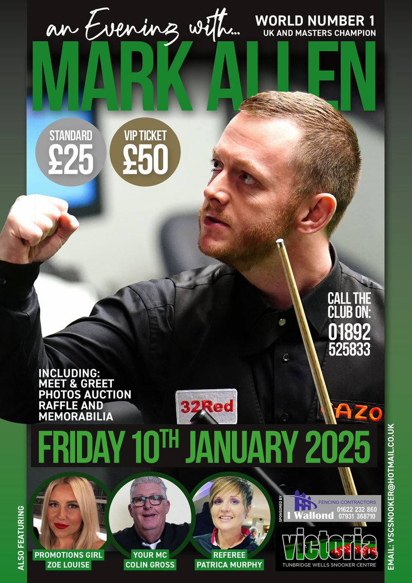 VSC SNOOKER (@vscsnooker) on Twitter photo World snooker’s number one <a href="/pistol147/">Mark Allen</a> is coming to Tunbridge Wells.
TICKETS ON SALE NOW.
<a href="/bert2016mar/">Graham Martin</a> <a href="/robbiecov1/">Robbie watson</a> <a href="/snookerhub/">Snooker Hub</a>
<a href="/KentSnooker/">Kent Snooker</a>
<a href="/SnookerLifeUK/">SnookerLife</a>
<a href="/KentOnlineSport/">KentOnline Sport</a>
<a href="/KSCourier/">KentLive Tunbridge Wells & Tonbridge</a>
<a href="/EPSBofficial/">English Partnership for Snooker and Billiards</a>
<a href="/Iwallondfencing/">I Wallond fencing</a> World snooker’s number one <a href="/pistol147/">Mark Allen</a> is coming to Tunbridge Wells.
TICKETS ON SALE NOW.
<a href="/bert2016mar/">Graham Martin</a> <a href="/robbiecov1/">Robbie watson</a> <a href="/snookerhub/">Snooker Hub</a>
<a href="/KentSnooker/">Kent Snooker</a>
<a href="/SnookerLifeUK/">SnookerLife</a>
<a href="/KentOnlineSport/">KentOnline Sport</a>
<a href="/KSCourier/">KentLive Tunbridge Wells & Tonbridge</a>
<a href="/EPSBofficial/">English Partnership for Snooker and Billiards</a>
<a href="/Iwallondfencing/">I Wallond fencing</a>