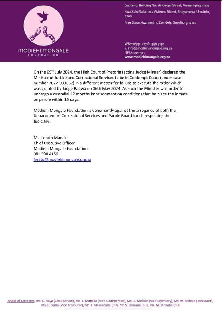 ModiehiMongale's tweet photo. 📢 MEDIA ALERT 📢 
MODIEHI MONGALE FOUNDATION hereby confirms its action to drag the Department of Correctional Services and the Correctional Supervision and Parole Board to Judiciary, this time for a contempt of court on the 20th August 2024. https://t.co/u0DI8PBDJK
