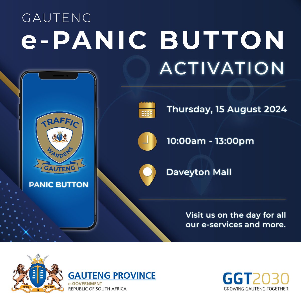 GautengeGov's tweet photo. We continue to work to ensure your safety through the #GautengePanicButton, a tool that allows you to report crime and contact emergency services when you need them. This week, we're going to Daveyton Mall to help people download the app. #GrowingGautengTogether
#CrimePrevention https://t.co/t972AWDrgH