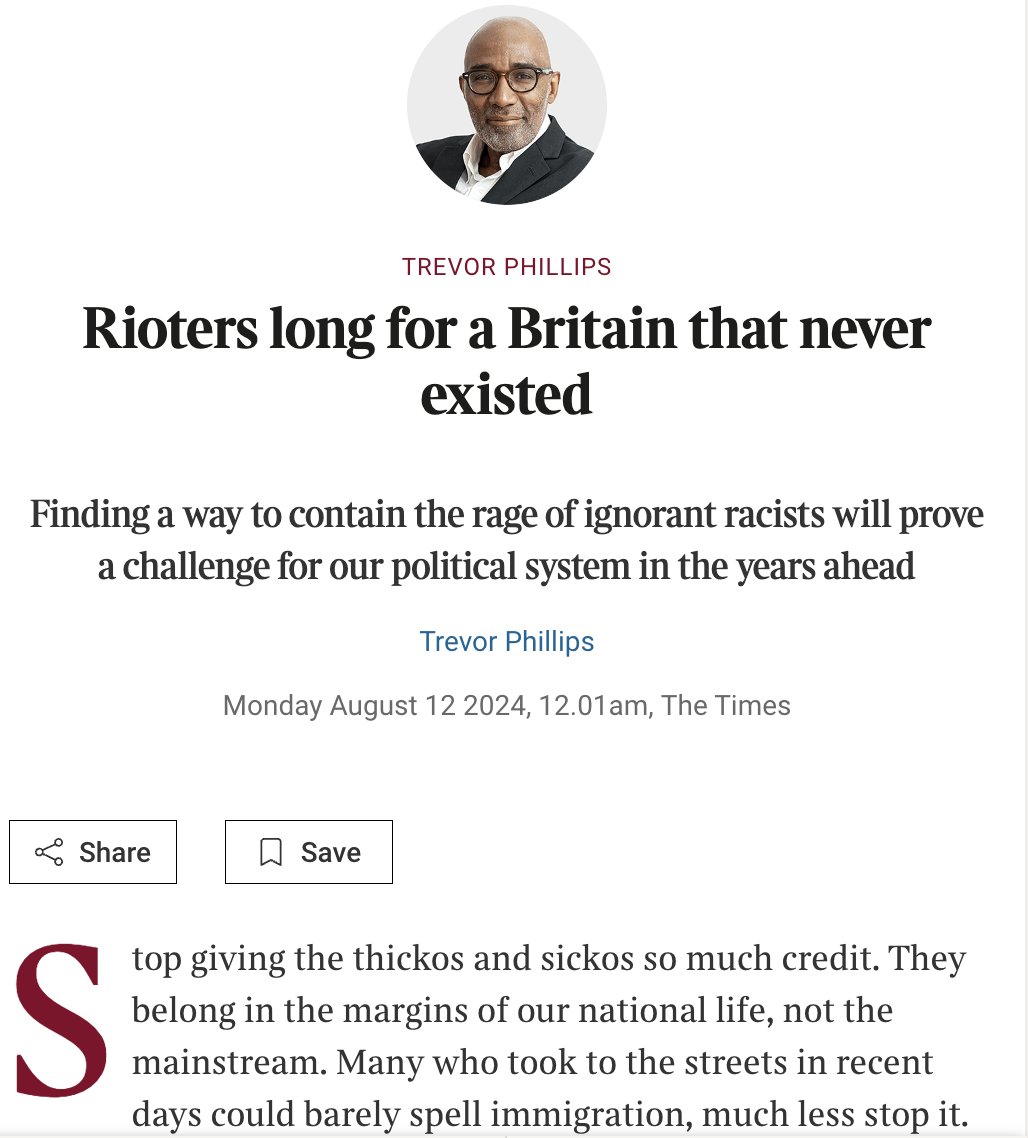 MartinDaubney's tweet photo. Utterly tone-deaf from Trevor Phillips. Protestors dismissed as "ignorant racists.. thickos and sickos... illiterates... lubricated thugs... mix of football hooligans, bored teens, inebriates and professional agitators"

No mention of the locals, concerned parents. The actions of a few define all the protestors. Something Phillips would NEVER do in the wake of the 2011 or BLM riots, when it was about listening to "communities" - not clamping down on them

ZERO understanding that last week rioting broke out in 7/10 England’s Most Deprived areas - 7 areas that also have highest levels of asylum seekers receiving housing/support from taxpayers

Not only were there their voices ignored for years - they were put to the back of the queue on social housing

Liberal politics - like Phillips' - has destroyed working class communities, who never had a say, despite voting to stop uncontrolled immigration time and time again!

https://t.co/XyiZeqdAy8