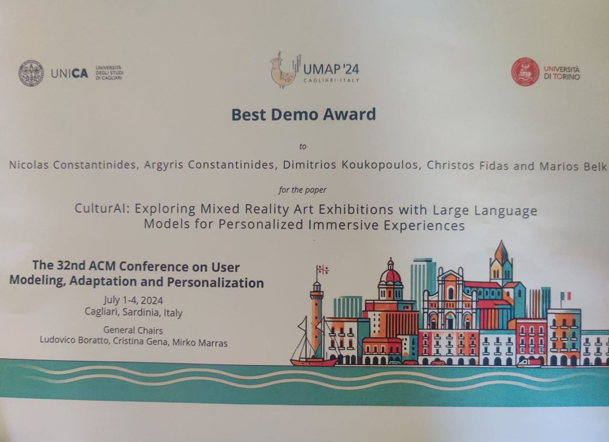 creamsproject's tweet image. We are happy to share that our paper entitled "CulturAI: Exploring Mixed Reality Art Exhibitions with Large Language Models for Personalized Immersive Experiences" has received the best demo paper award at ACM UMAP 2024 - um.org/umap2024/awards