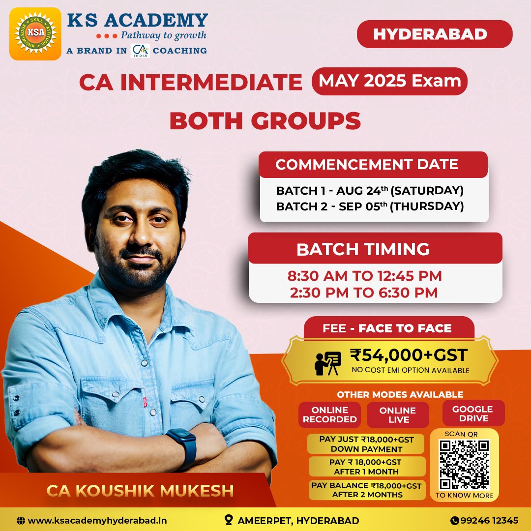 ksacademyca's tweet image. Experience India&apos;s Best Faculty Team for CA Intermediate at KS Academy!

Offer Fee ends soon!

Register Now!

Link to register -

ksacademyhyderabad.in/ksa-ca-interme…

Regards, Team KSA

#cacoaching #caintermediate #caintermediateclasses #caintermediatecourse #caintermediatecourse