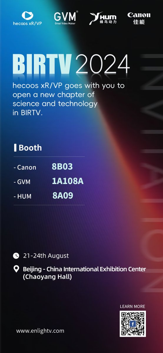 The BIRTV will take place on Beijing from 21st to 24th, August, 2024.
<a href="/hecoos2018/">hecoos</a> xR/VP will open a new chapter of science and technology with Canon, GVM, HUM here. Everyone is welcome to visit our booth and communicate with us.😆 #BIRTV #Canon #GVM #HUM