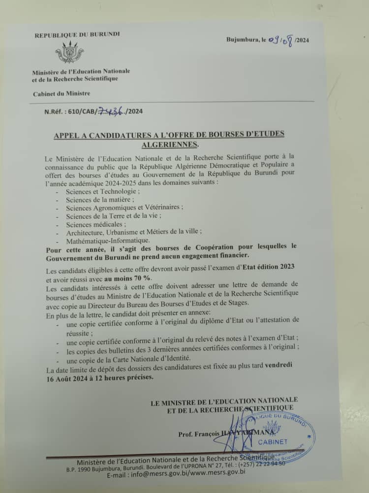 Appel à candidature à l'offre des bourses d'études  algériennes