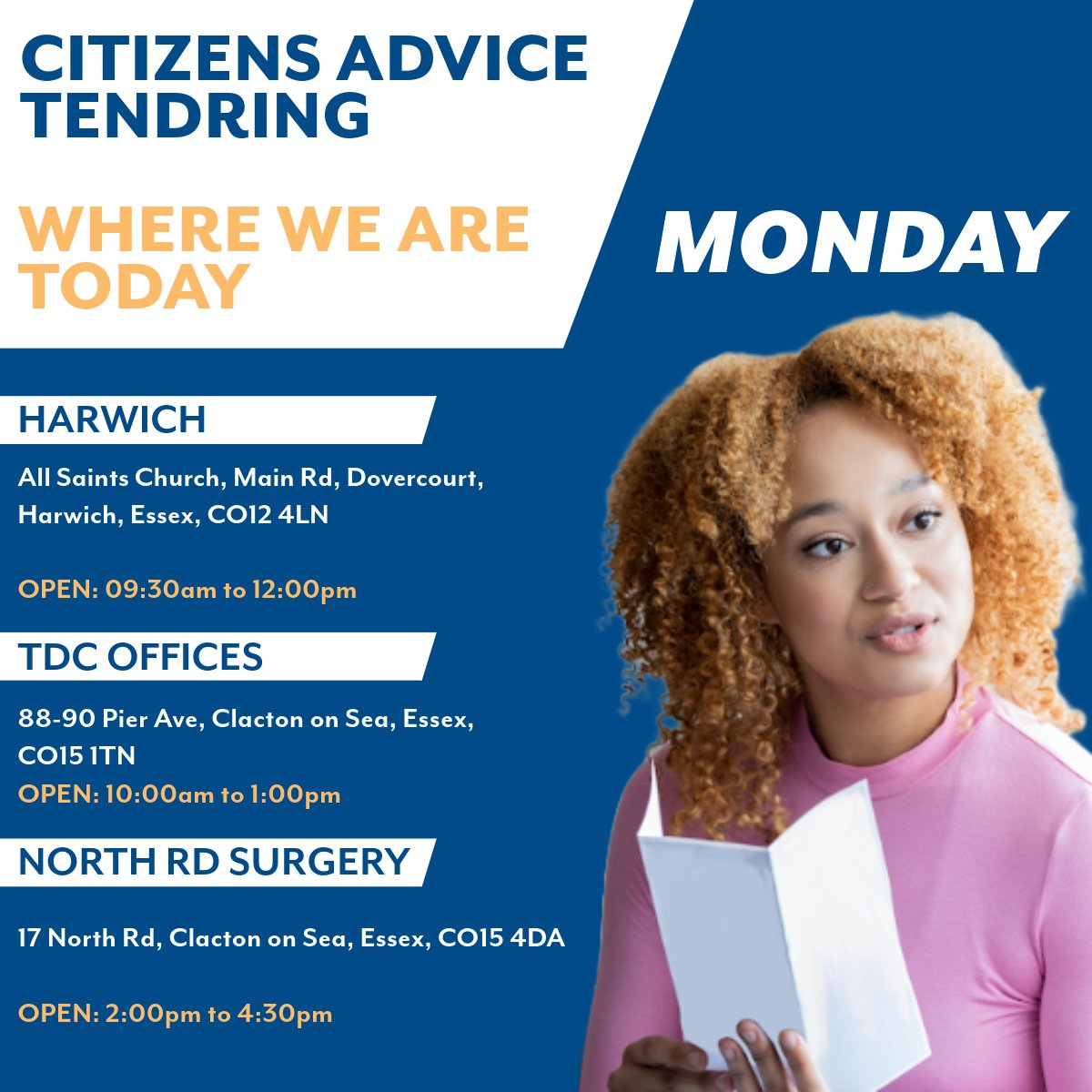 Please see below where our Outreach Centres are available today.   This is a "drop in" service but if you would like to book an appointment, please call the main office on 01255 377080. Telephone lines are open from Monday to Thursday (10:00am to 4:00pm).