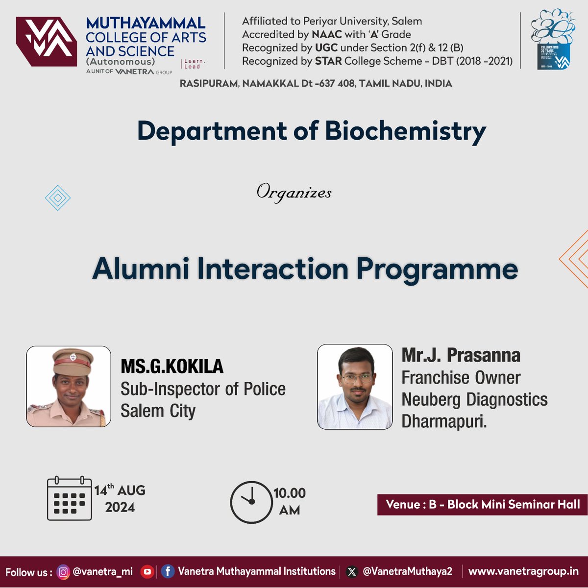 VanetraMuthaya2's tweet image. Department of Biochemistry is excited to organize an Alumni Interaction Programme on 14.8.24. This event will provide current students with the opportunity to connect with successful alumni, gain insights into the industry, and explore future career paths.

#AlumniInteraction