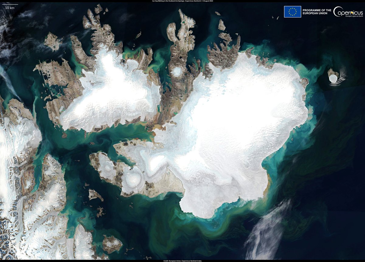 This #Sentinel2 image, captured on 9 August, shows a large discharge of water and sediment in the Arctic Ocean, off the coast of Nordaustlandet (the second largest island in the Svalbad archipelago), caused by the rapid melting of snow and ice.

Read more:
copernicus.eu/en/media/image…