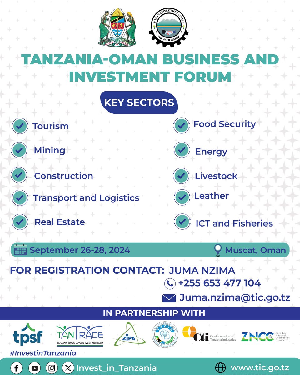 MISSION📍

Tanzania Investment Centre (TIC), in partnership with the Embassy of the United Republic of Tanzania in Oman,  the Tanzania Trade Development Authority (TANTRADE), Tanzania Private Sector Foundation (TPSF), Zanzibar Investment Promotion Authority (ZIPA), Tanzania