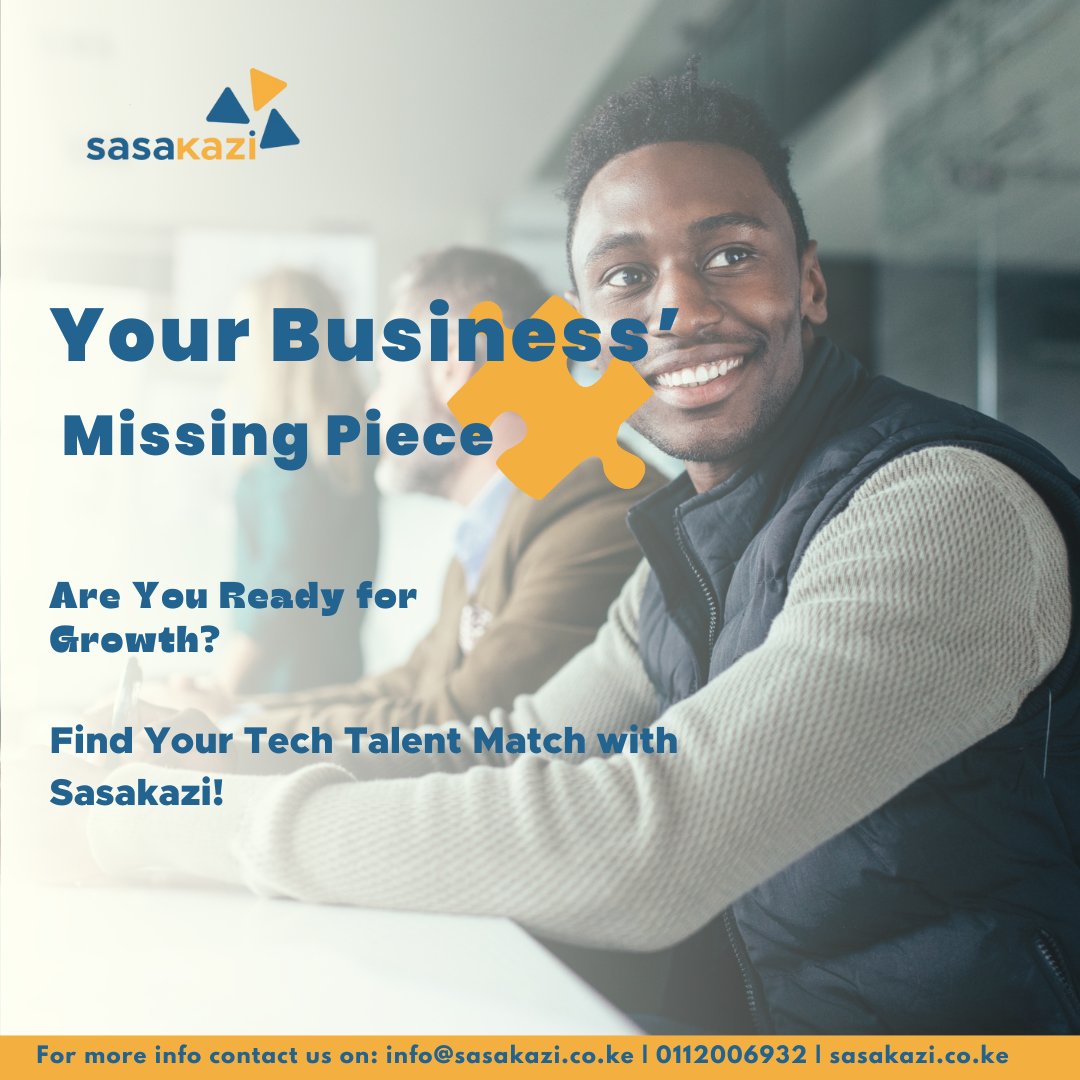 Sasakazi: Your Business' Missing Piece.
Struggling to find the digital expertise you need? 
🚀 Sasakazi is your solution. We connect ambitious businesses with Africa's brightest young tech minds.

Sign Up Now ! sasakazi.co.ke