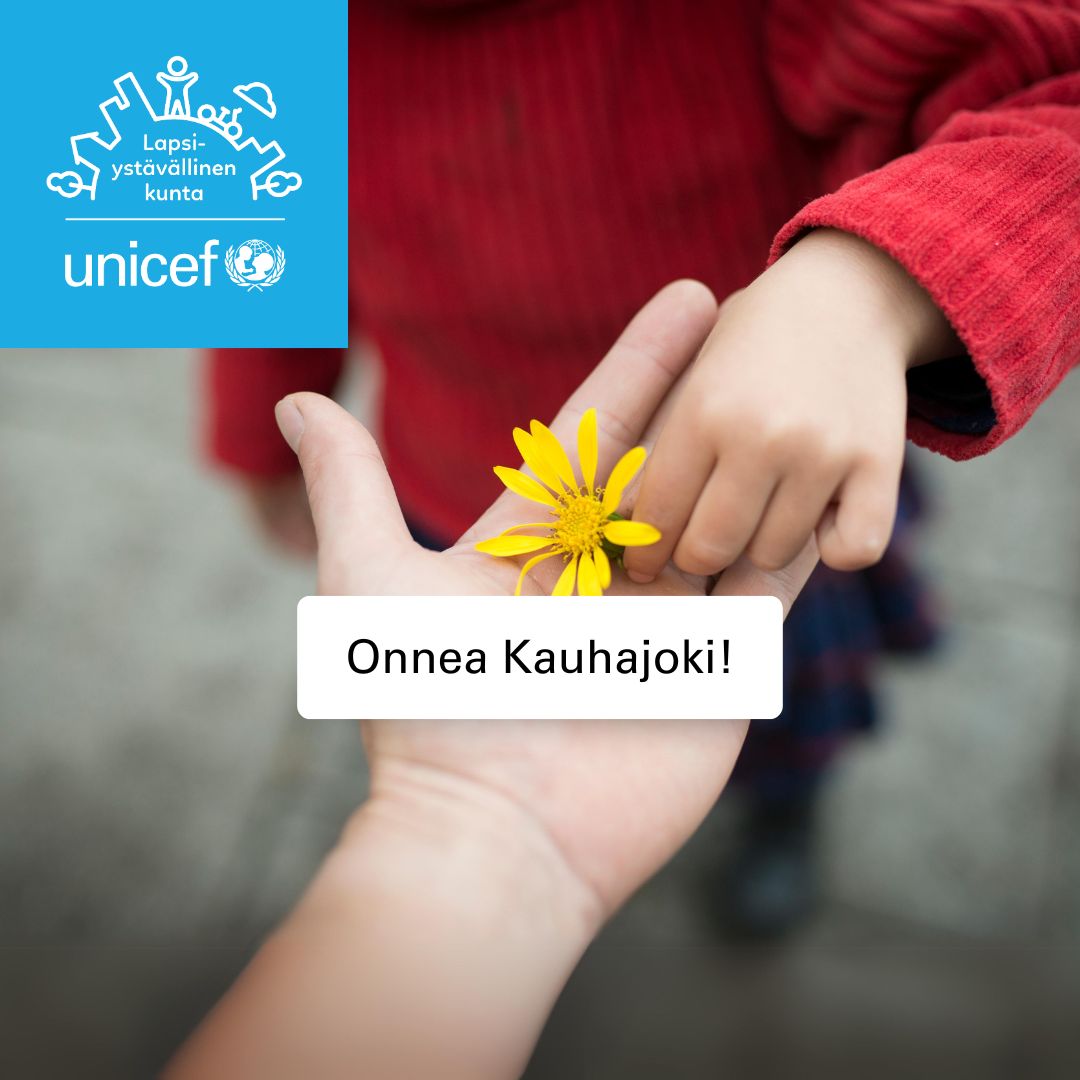 Olemme myöntäneet Kauhajoelle UNICEFin #LapsiystävällinenKunta -tunnustuksen! Kauhajoki on mm.
🔹 edistänyt lasten ja nuorten vaikuttamismahdollisuuksia
🔹 vakiinnuttanut lapsille ja perheille tärkeitä ennaltaehkäiseviä palveluja. 
Yhteistyömme jatkuu. 💙
#LapsenOikeudet