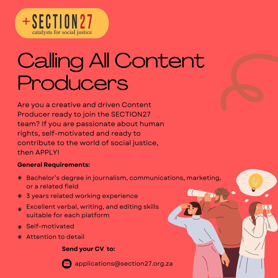 SECTION27news's tweet image. WE ARE HIRING | SECTION27 is looking for a new Content Producer. If you are passionate about human rights, and would like to be part of a dynamic team pursuing social justice, join SECTION27! 

Click on the link for more details:
shorturl.at/8IALB #jobsearch #jobseekers