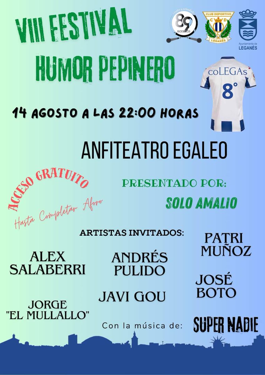 Ya está aquí el EVENTO cómico por excelencia de las fiestas de BUTARQUE... El festival de HUMOR PEPINERO "coLEGAs", en su VIII edición!!!

En el ma-ra-vi-llo-so TEATRO EGALEO... Y con todos l@s ARTISTAS que reza el cartel!!

¡¡ACCESO GRATUITO, HASTA COMPLETAR AFORO!!

#89BOSTEZOS