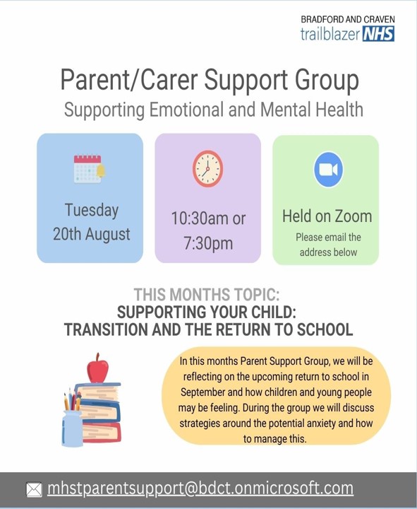 Join this months parent/carer support group (via Zoom) on Tuesday 20th August for support on transition and the return to school.

To join please email: mhstparentsupport@bdct.onmicrosoft.com