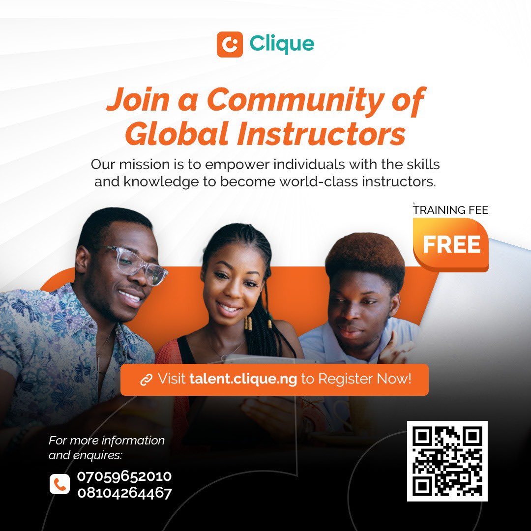 UseCliqueHQ's tweet photo. We’re excited to announce the launch of our newest product: the Clique Talent Hub portal for educators and instructors. This platform is designed to help individuals upskill and become globally recognized instructors. As part of our commitment to the SDG goals, we have set an ambitious target to train 10,000 instructors in coding and STEM education by 2025.

Whether you’re an aspiring instructor or a seasoned educator looking to enhance your skills and advance your career, we invite you to join our community today and take advantage of our free training.

Join our growing community of impact makers at https://t.co/1Jhtp9qNSh.