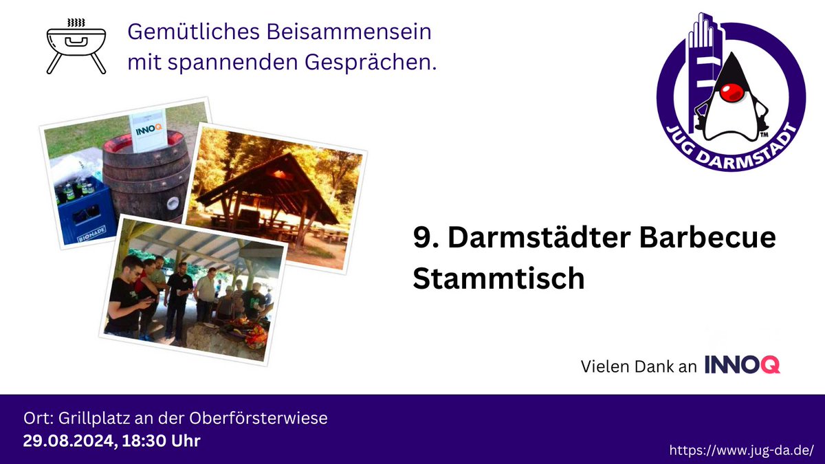 Am 29.08. findet wieder unser traditionelles JUG Grillen an der Oberförsterwiese statt. Bitte meldet Euch an, damit wir entsprechend planen können. Getränke und das Drumherum (Salate, Brötchen, ...) spendiert uns wieder <a href="/INNOQ/">INNOQ</a>, vielen Dank dafür. jug-da.de/2024/08/Neunte…