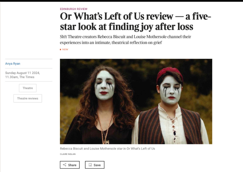 shittheatre's tweet photo. ★★★★★ @thetimes https://t.co/toz6PosYFP day off today, back Tues 13th. Sold out but extra tix released at 3.45pm everyday. Hope you’re all doing alright out there #EdFringe https://t.co/bduNWfJqPb