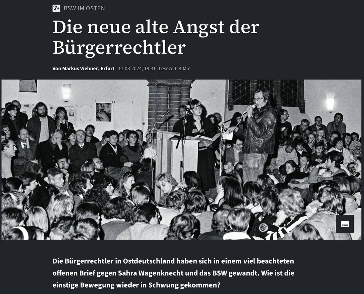 „60 ehemalige DDR-Bürgerrechtler haben in einem offenen Brief Sahra Wagenknecht und ihre Partei BSW kritisiert. „Die Gefahren, die vom BSW für die Demokratie ausgehen, werden bisher in der öffentlichen Debatte unterschätzt“, sagt Marianne Birthler,“

faz.net/aktuell/politi…