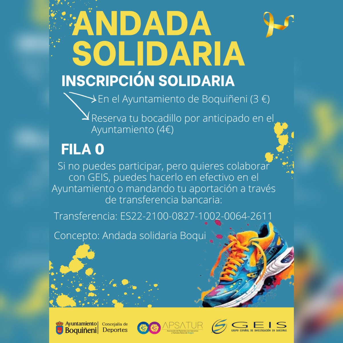 GrupoGeis's tweet image. Andada Solidaria en Boquiñeni 2024
La concejalía de deportes del Ayuntamiento de Boquiñeni (Zaragoza) ha organizado una andada solidaria a favor de #GEIS para recaudar fondos destinados a la investigación.
📅 6 de septiembre
🕤 20:30
💰 Inscripción: 3€
🎟 Fila 0 disponible
