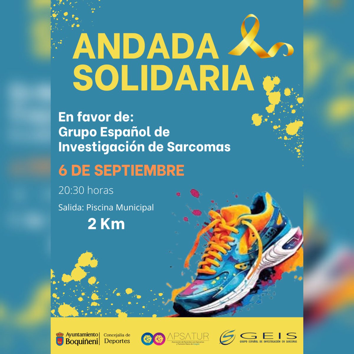 GrupoGeis's tweet image. Andada Solidaria en Boquiñeni 2024
La concejalía de deportes del Ayuntamiento de Boquiñeni (Zaragoza) ha organizado una andada solidaria a favor de #GEIS para recaudar fondos destinados a la investigación.
📅 6 de septiembre
🕤 20:30
💰 Inscripción: 3€
🎟 Fila 0 disponible